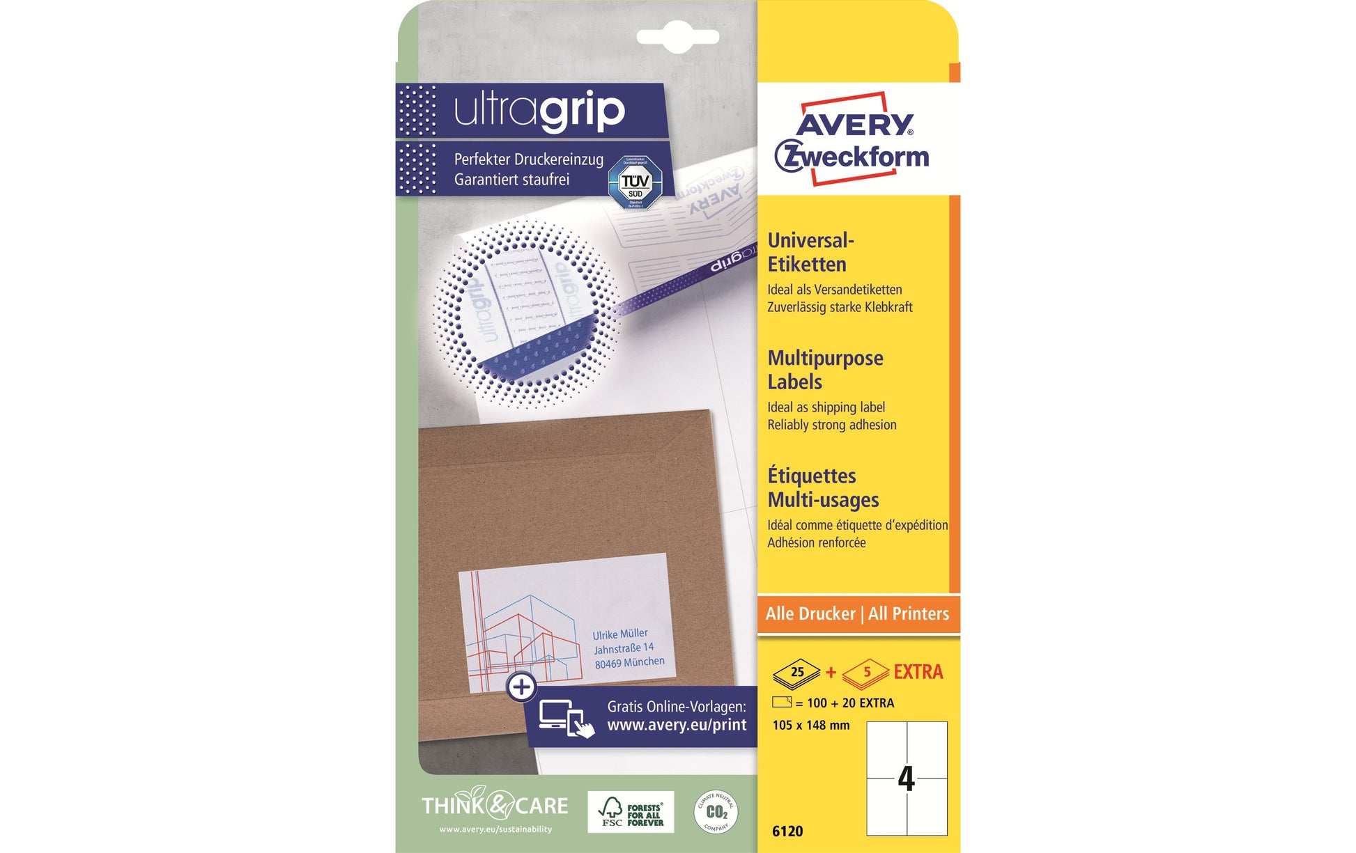 Avery Druckeretiketten, 105 mm × 148 mm, weiss, Papier, permanent, 30 Blätter (120 Etiketten)