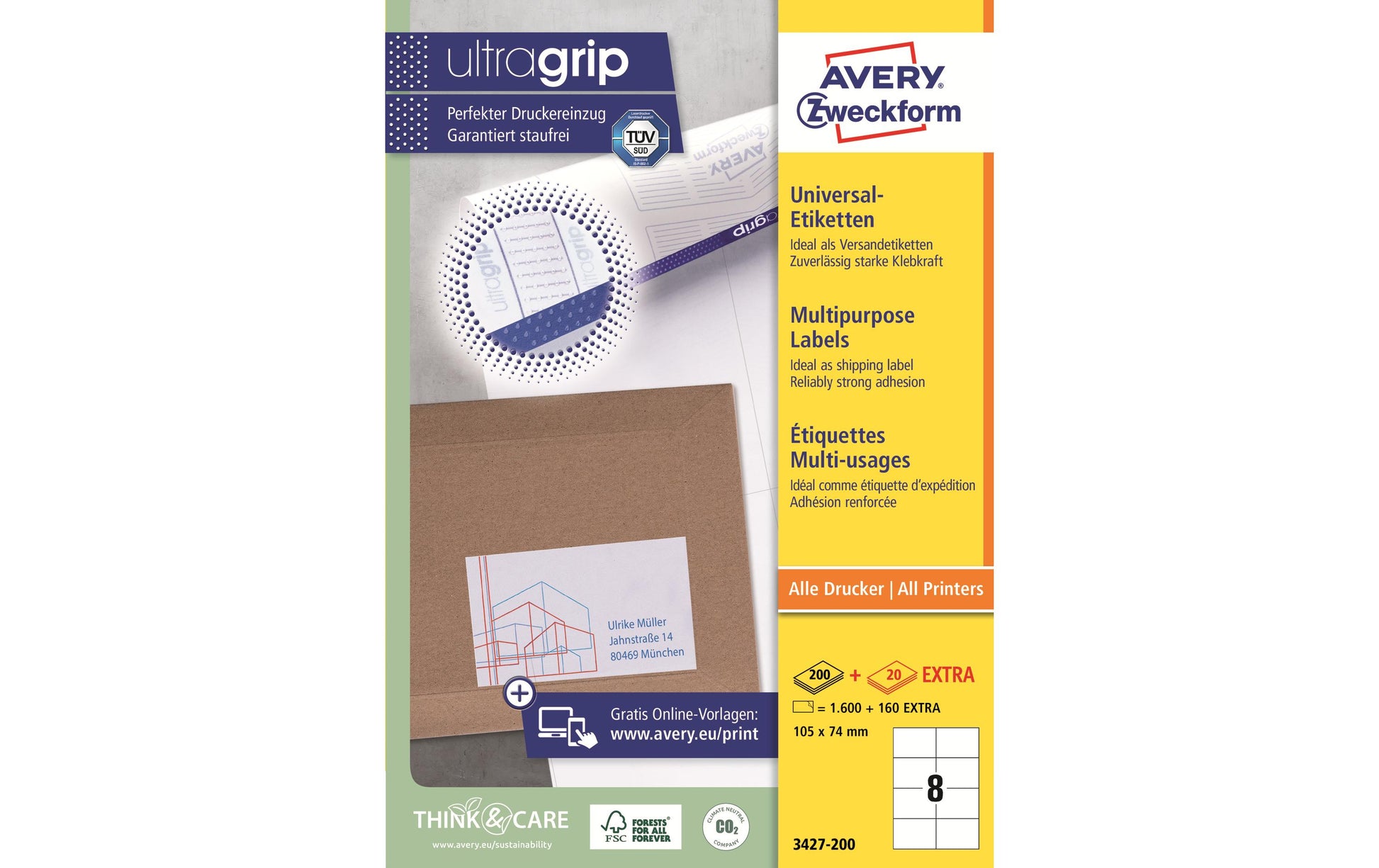 Avery UltraGrip Etiketten, 105 mm × 74 mm, weiss, Papier, permanent, 1760 Etiketten (220 Blätter)