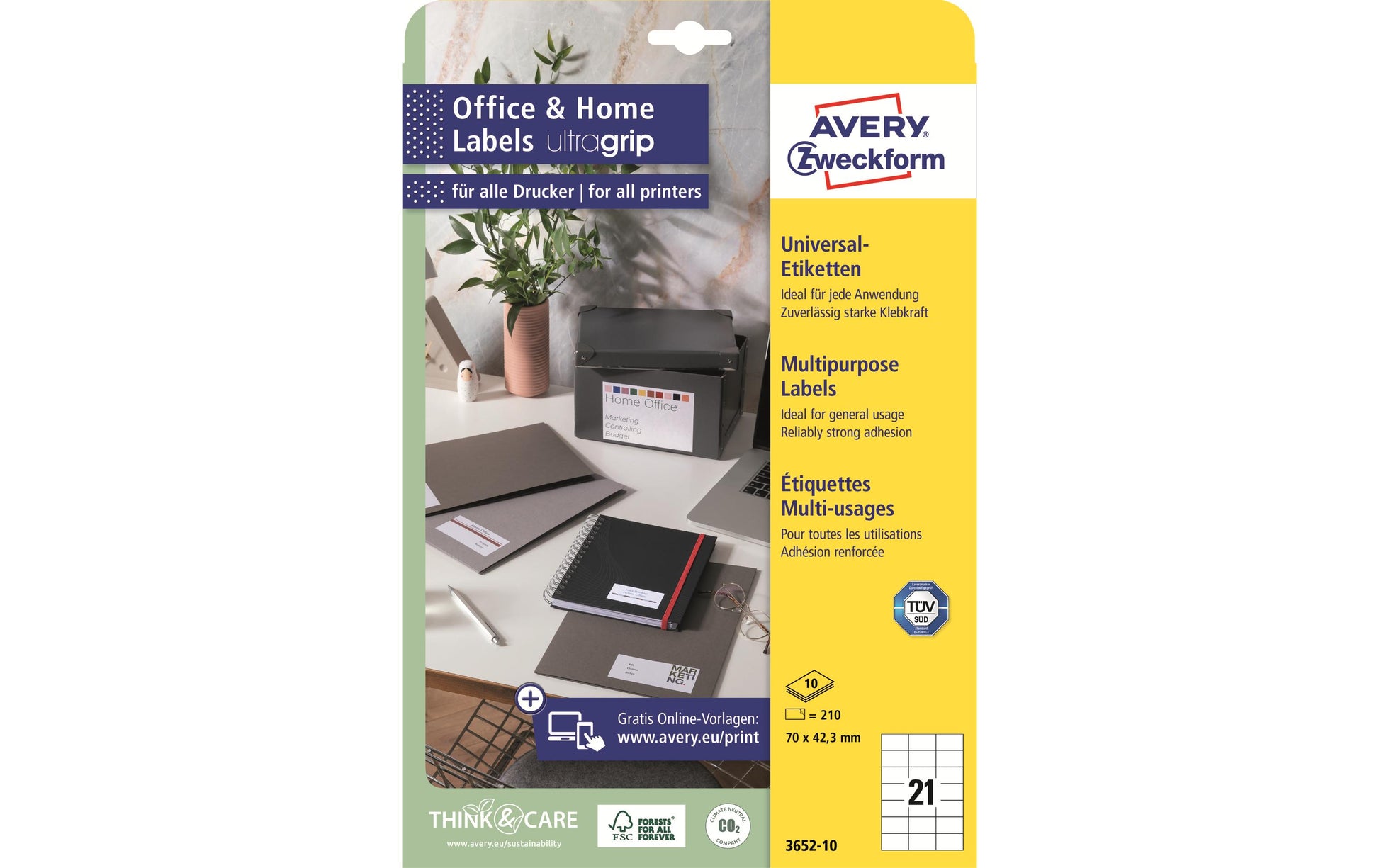 AVERY Zweckform 3652-10 – Etiketten A4 70 × 42 mm – Papier, weiss – permanent haftend – Laser/Inkjet