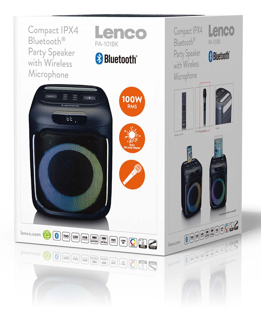Lenco PA-101BK – Party-Lautsprecher – 100 W, LED, IPX4, 14 h Akku – Schwarz
