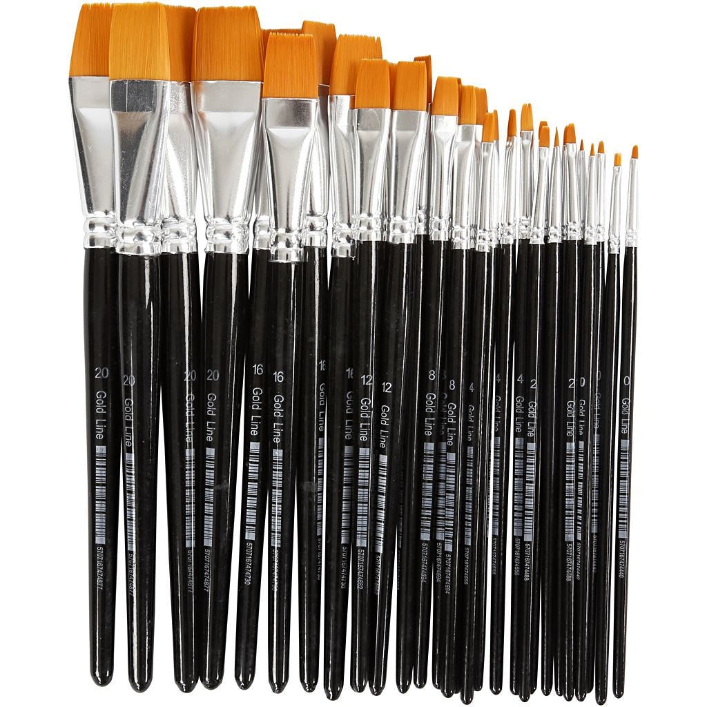 Creativ Company Pinsel-Set – Flachpinsel, Nylon, Breite 2–22 mm, Längen 170–210 mm, Schwarz, Gold, 30er-Set