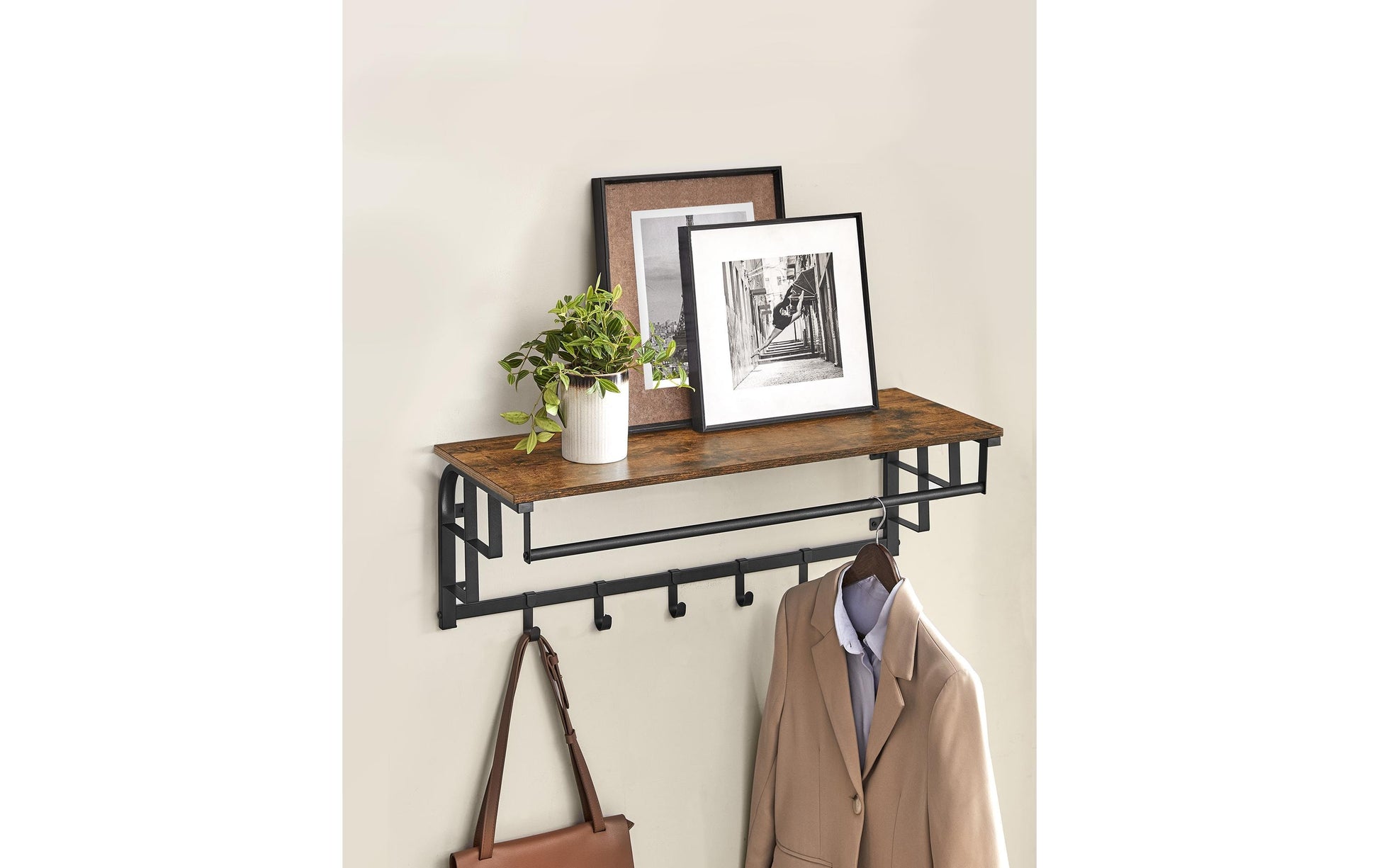 Vasagle Wandgarderobe – 5 Haken, Stahl/Spanplatte, Braun, 80 × 30 × 27 cm