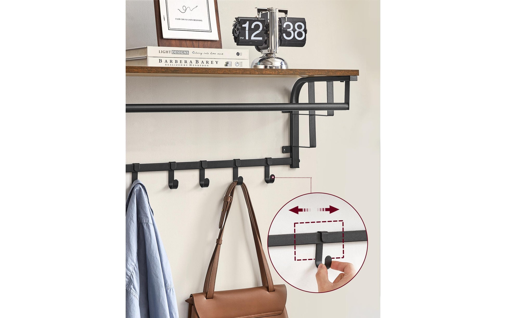 Vasagle Wandgarderobe – 5 Haken, Stahl/Spanplatte, Braun, 80 × 30 × 27 cm