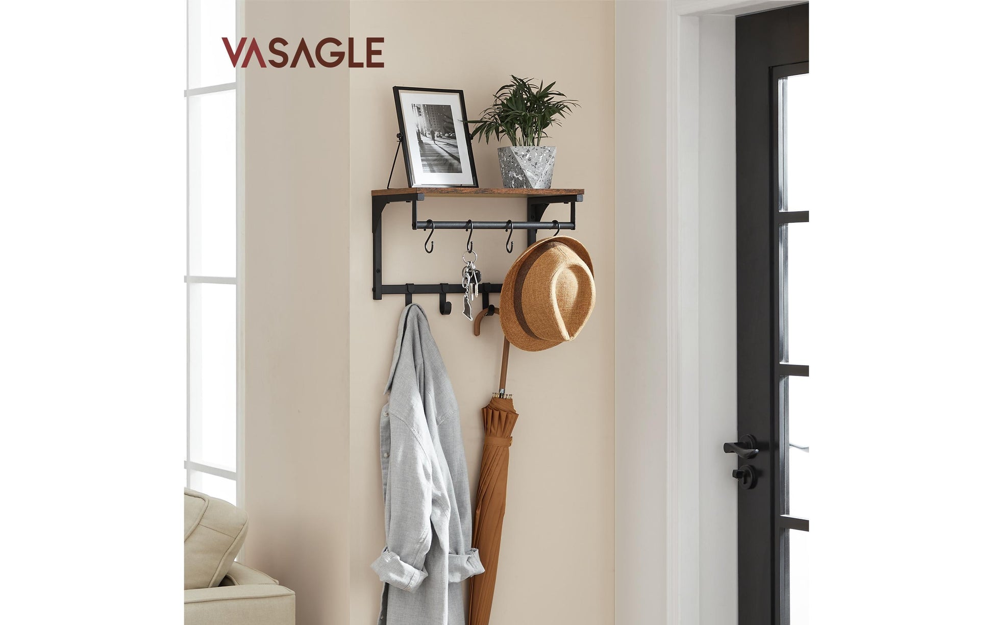 Vasagle Wandgarderobe – 8 Haken, Spanplatte/Stahl, Schwarz/Braun, 40 × 24 × 24 cm