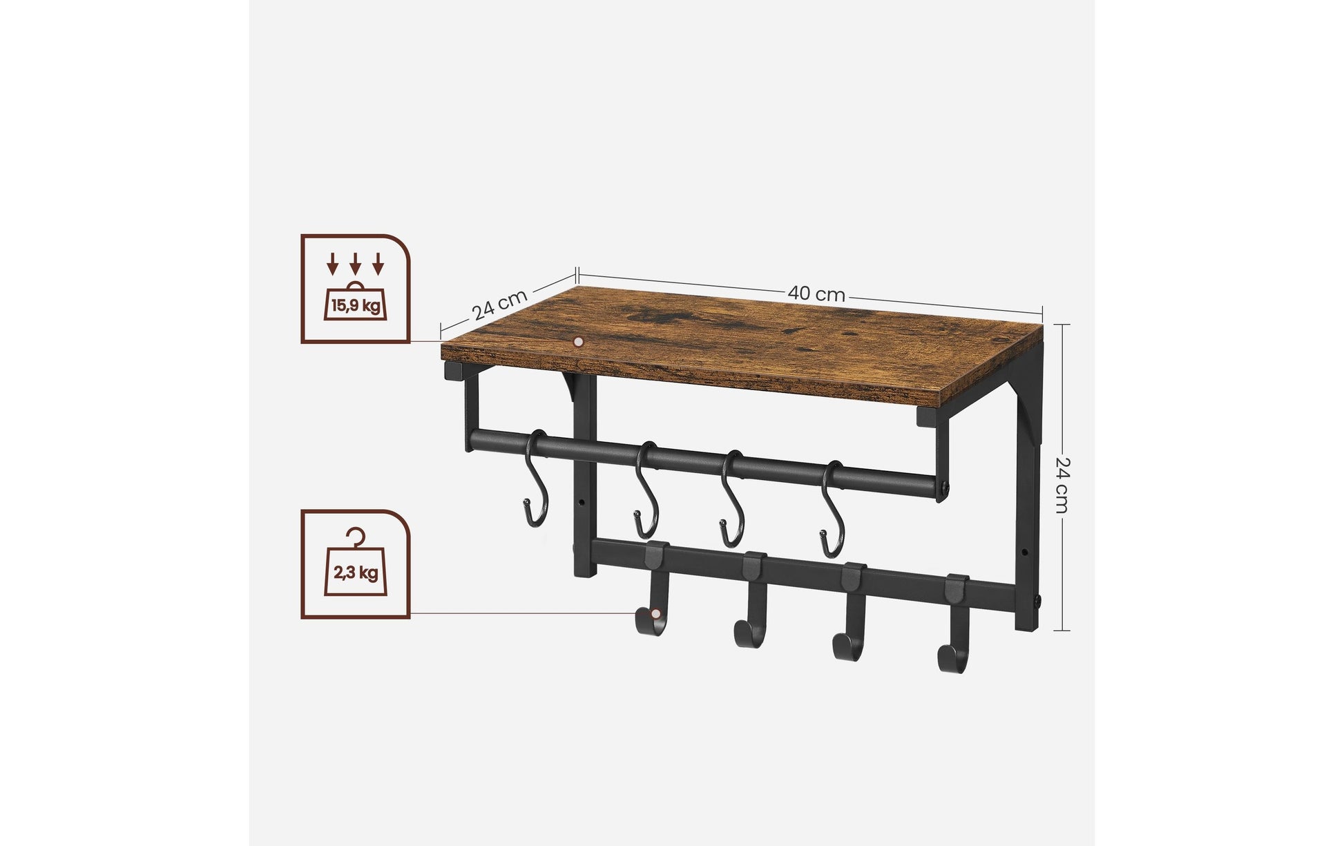 Vasagle Wandgarderobe – 8 Haken, Spanplatte/Stahl, Schwarz/Braun, 40 × 24 × 24 cm