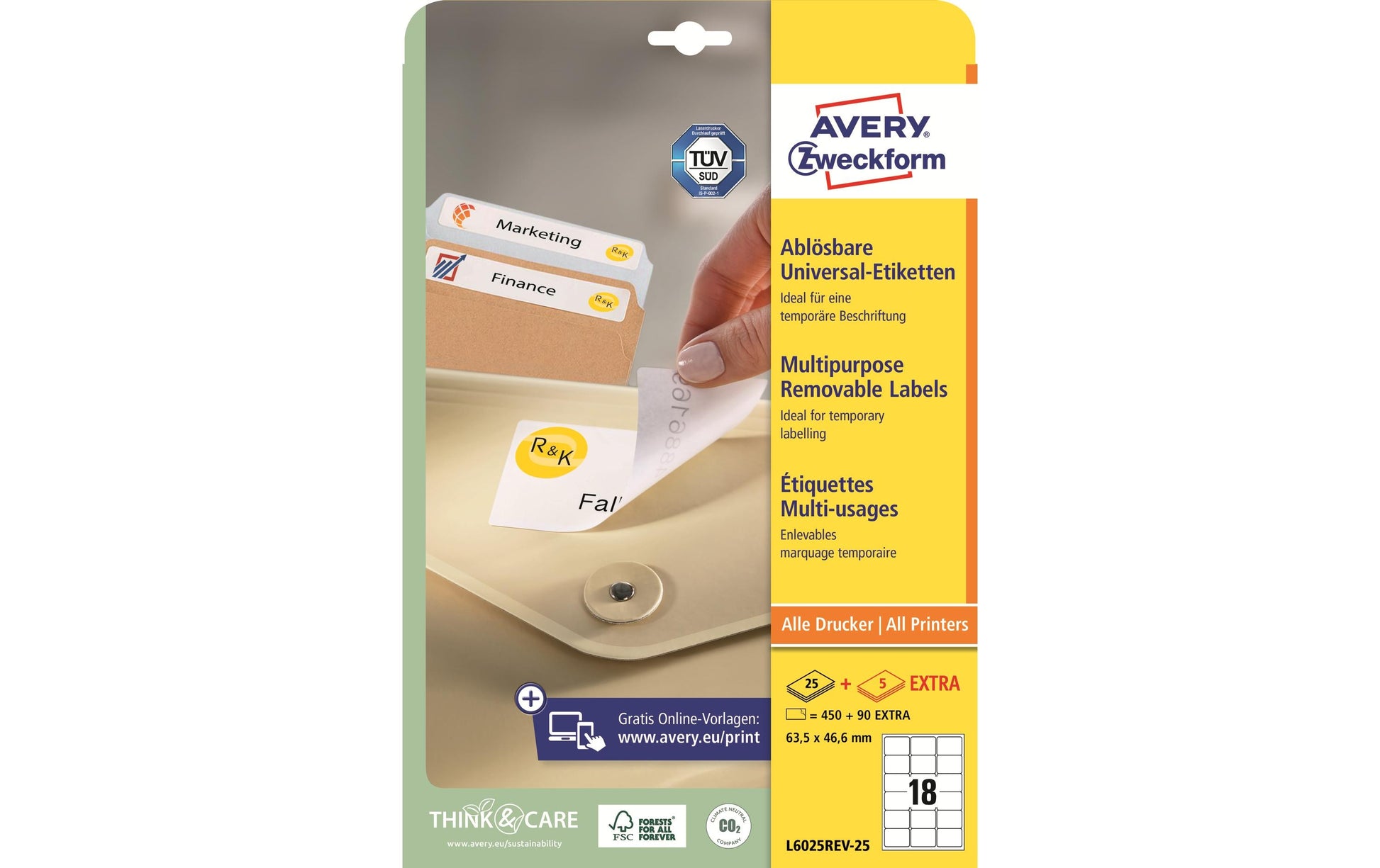 AVERY Zweckform – Etiketten A4 64 × 47 mm – Papier – wiederablösbar – Laser/Inkjet – 18 pro Blatt, 25 Blätter