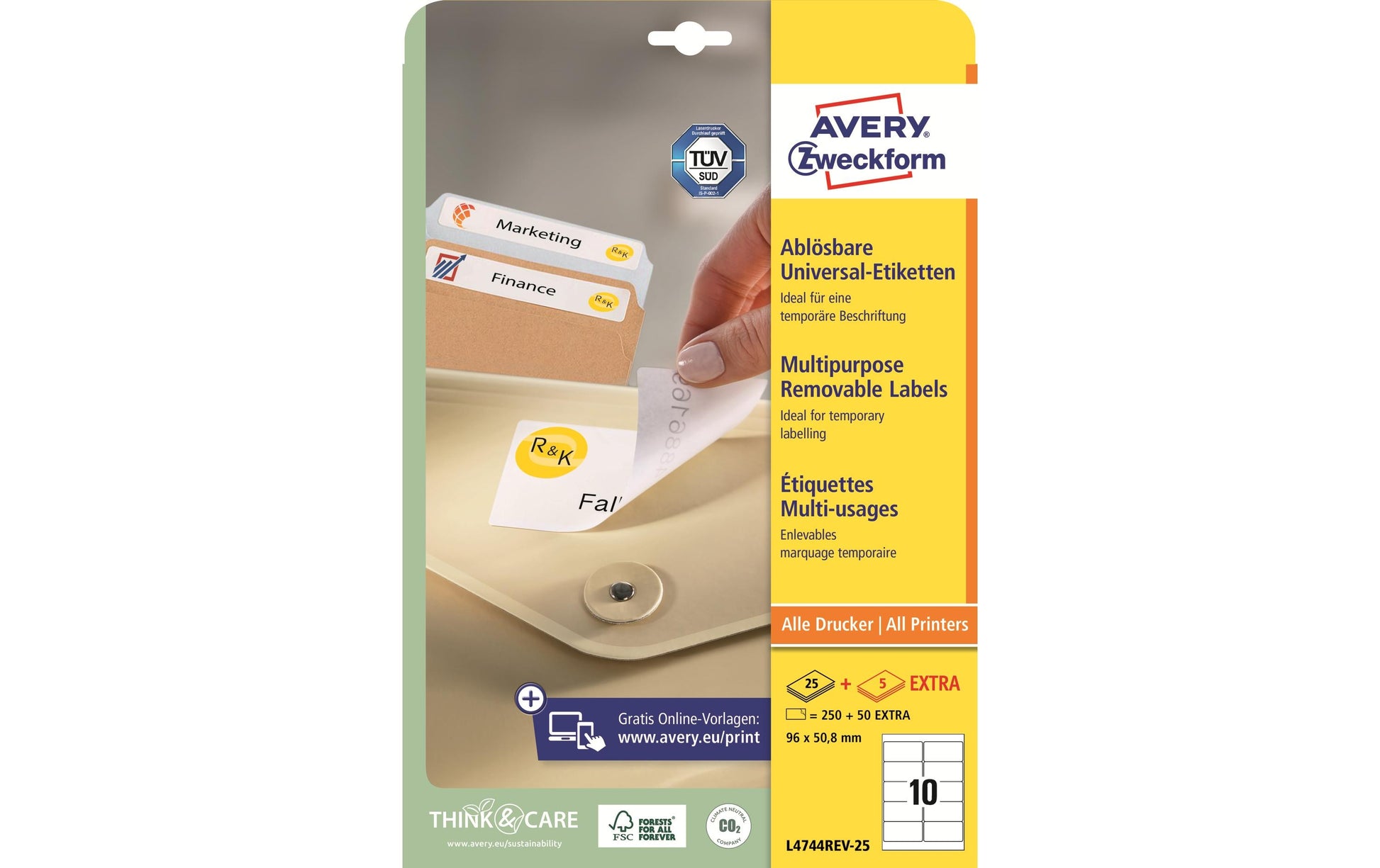Avery Druckeretiketten, 96 mm × 51 mm, weiss, Papier, wiederablösbar, 30 Blatt (300 Etiketten)