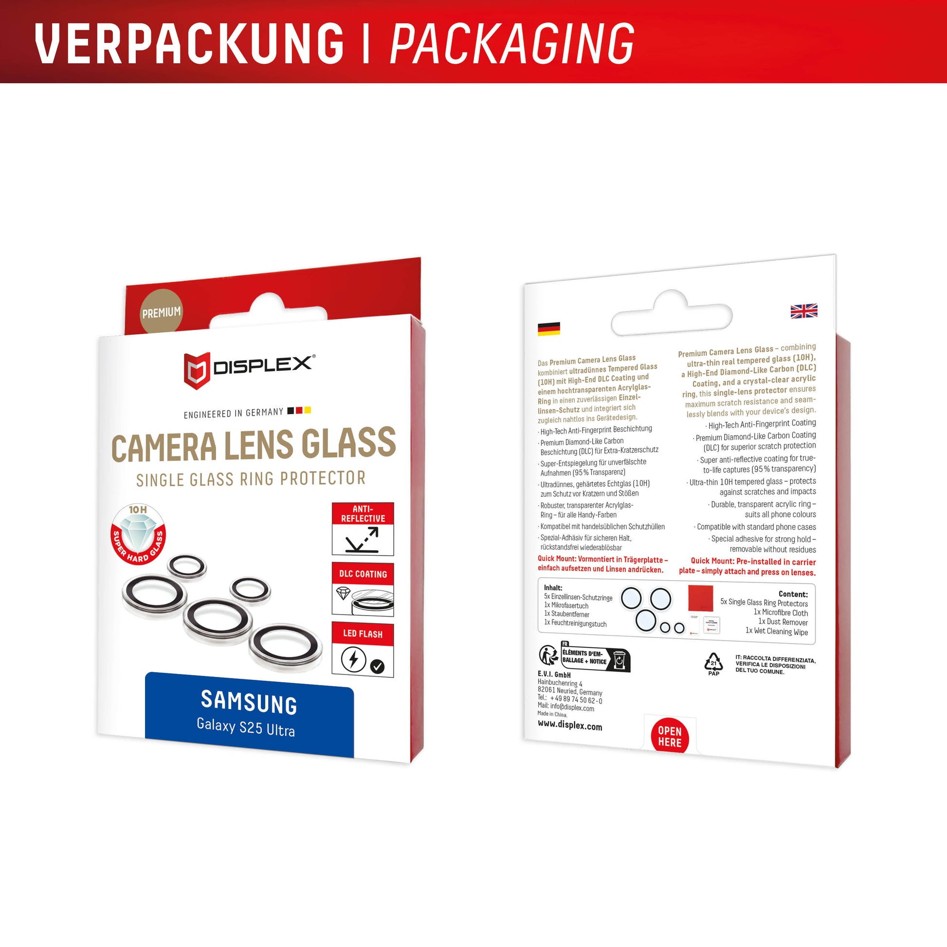 E.V.I. CamGlass – Kameraobjektivschutz – 10H, gehärtetes Glas – für Samsung Galaxy S25 Ultra
