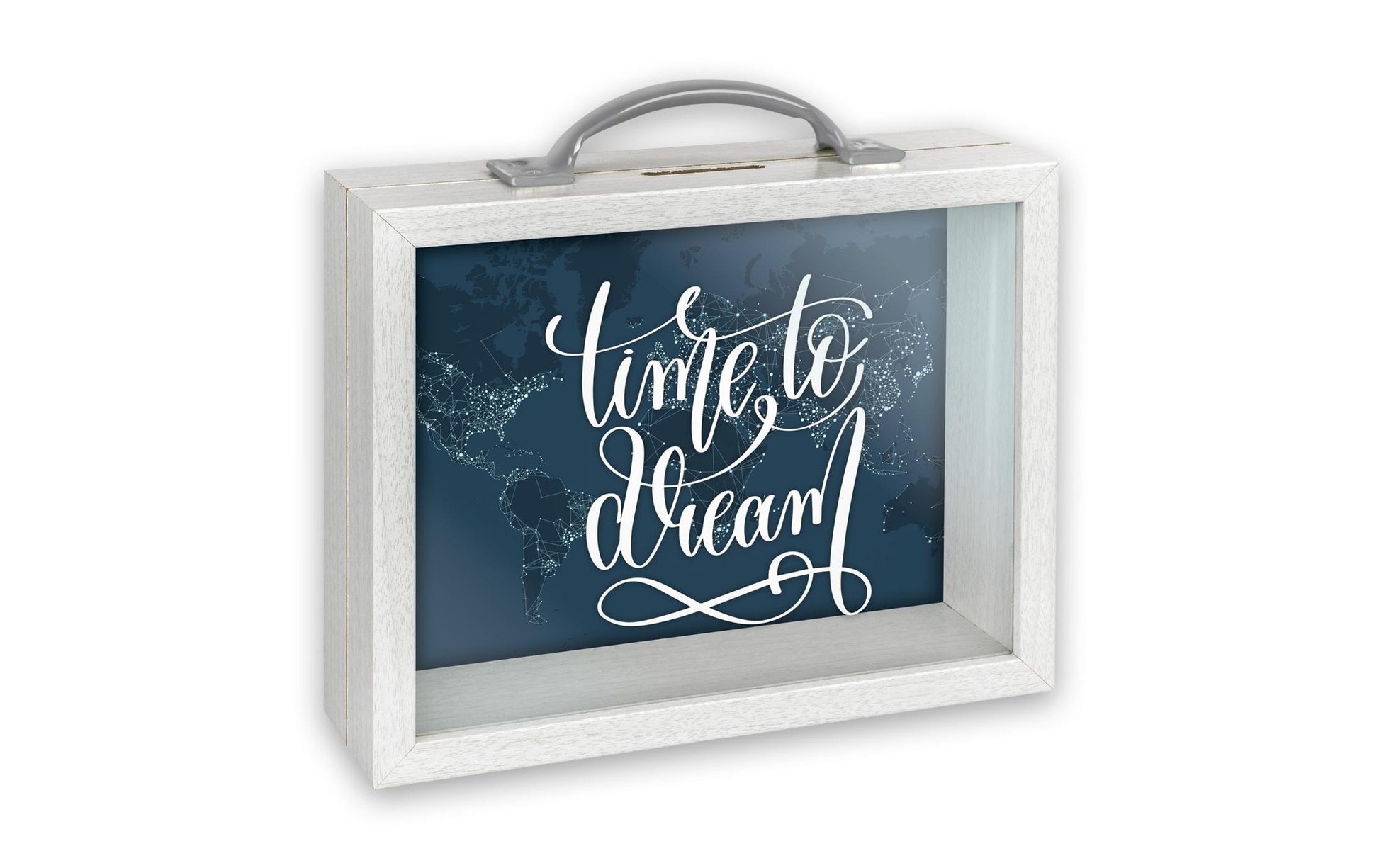 ZEP Spardose Schriftzug – Glas & Metall & Holz, weiss – 17 × 21 × 6,5 cm