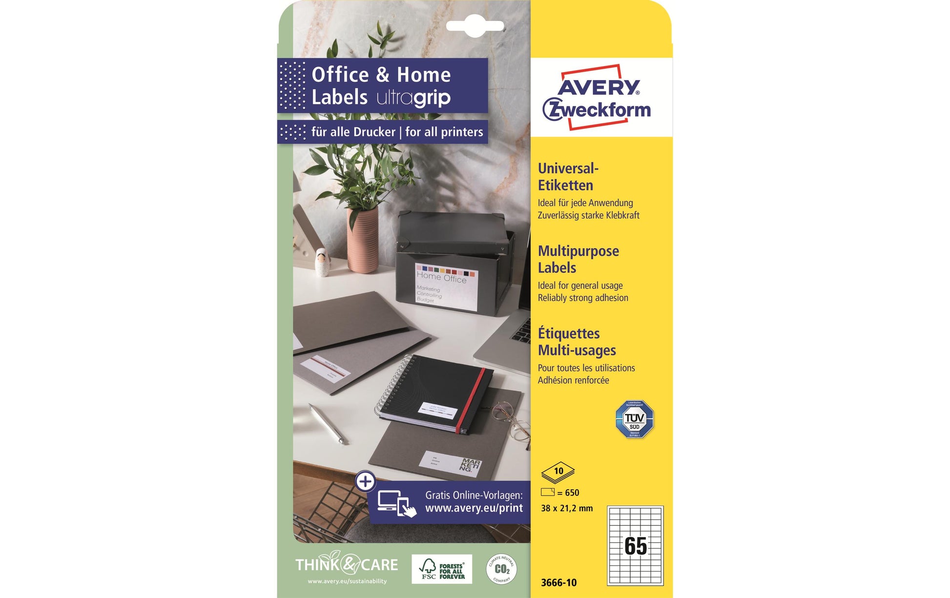AVERY Zweckform – Etiketten A4 38 × 21,2 mm – weiss – permanent haftend – Laser/Inkjet – 65 pro Blatt