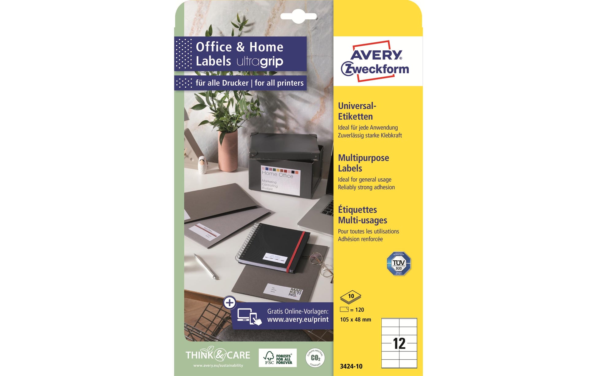 Avery Druckeretiketten, 105 mm × 48 mm, weiss, Papier, permanent, 120 Etiketten (10 Blatt)