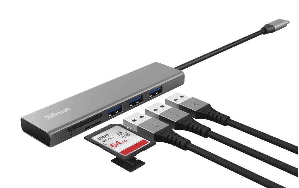 Trust Halyx Fast USB-Hub – USB-C, 3× USB-A, SD/microSD, für Windows/Mac/ChromeOS
