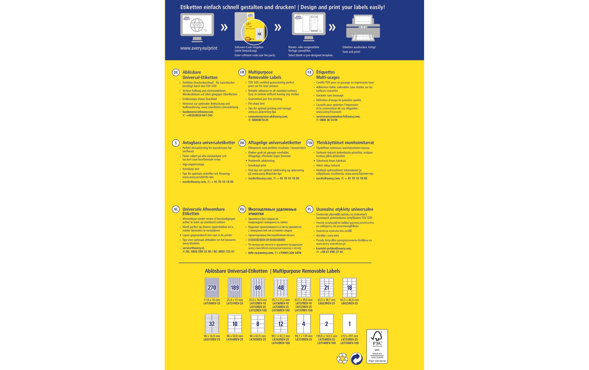 AVERY Zweckform L4736REV-10 – Etiketten A4 46 × 21 mm – wiederablösbar – Laser/Inkjet – 48 pro Blatt, 10 Blätter