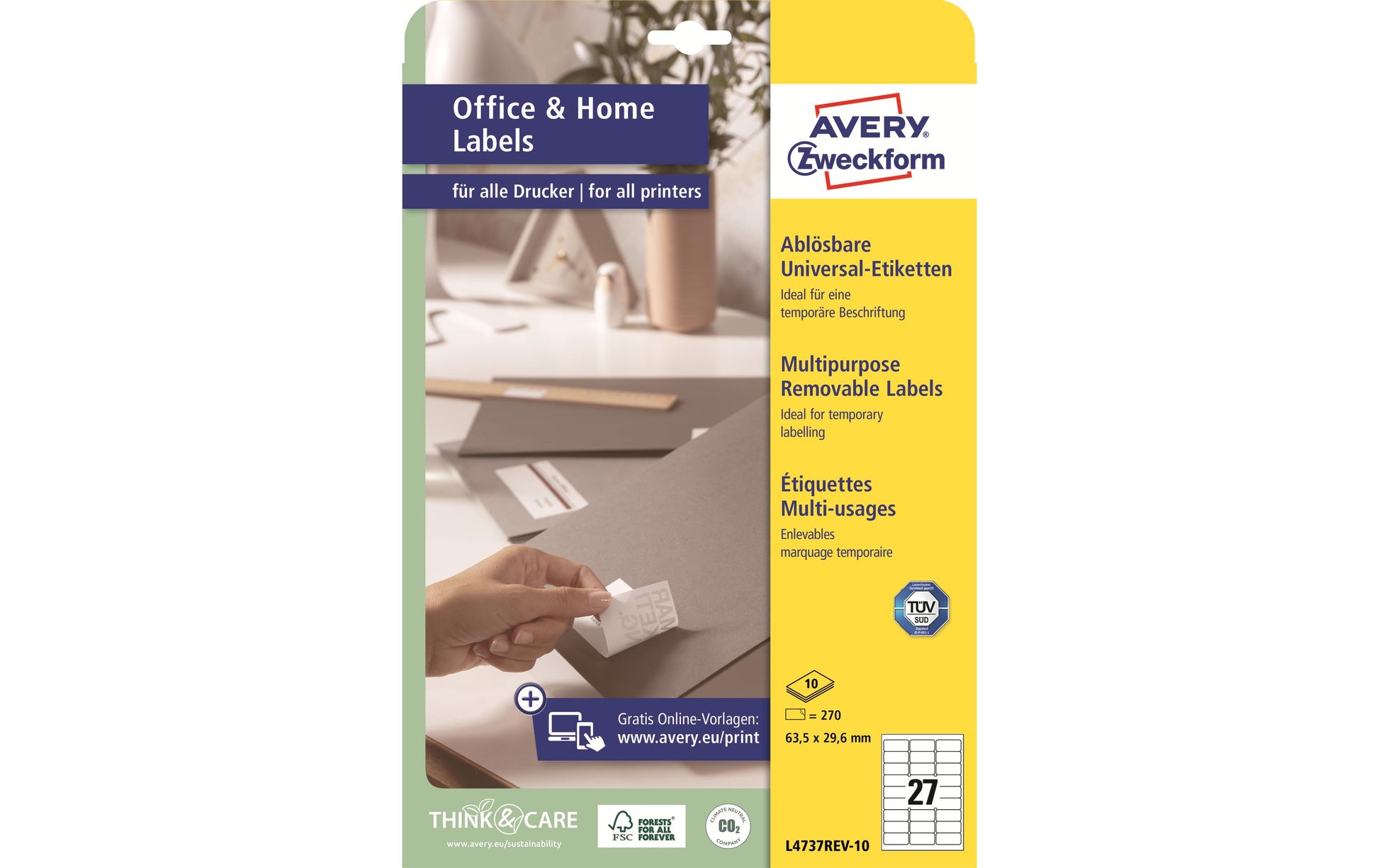 Avery L4737REV-10 – Etiketten A4 64×30 mm – weiss – wiederablösbar – Laser/Inkjet – 27 pro Blatt, 10 Blätter