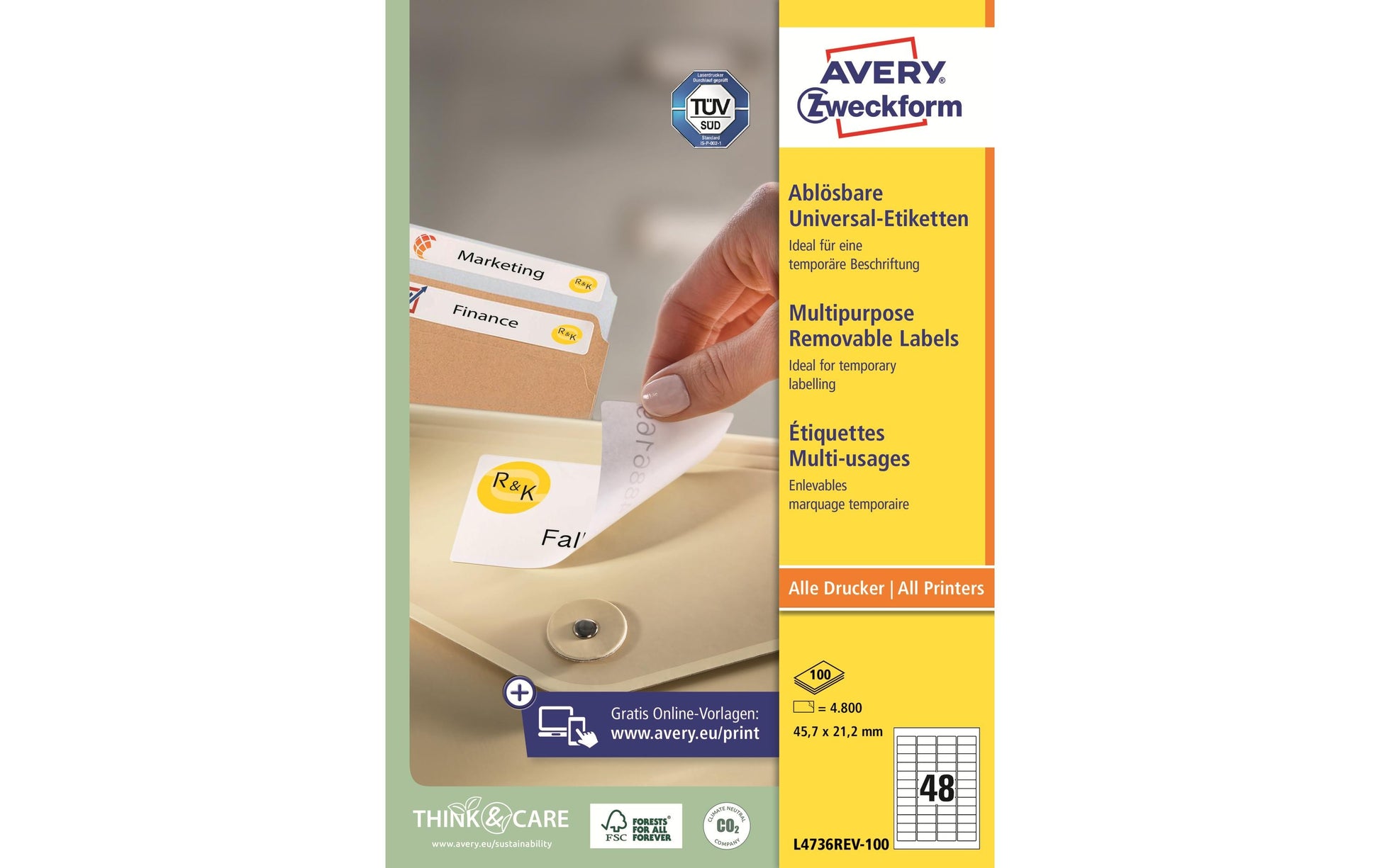 Avery Zweckform – Etiketten A4 46 × 21 mm – Papier, weiss – wiederablösbar – 48 pro Blatt, 100 Blätter (4800 Stk.)