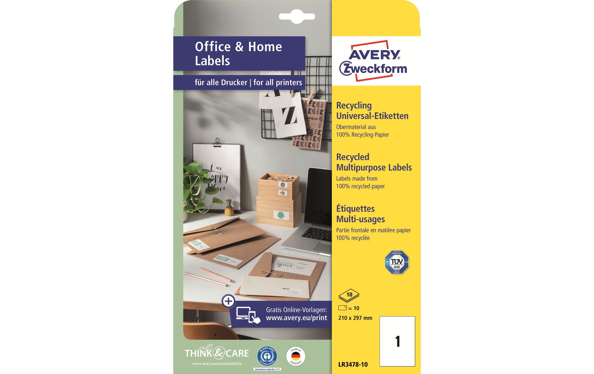 Avery Haftetiketten, 210 mm × 297 mm, naturweiss, Altpapier, permanent, 10 Blatt