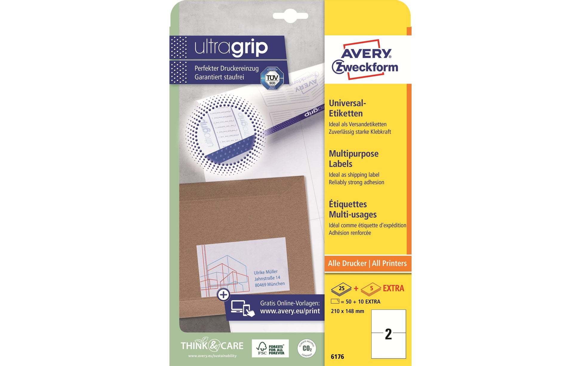 Avery 6176 – Etiketten A4 210 × 148 mm – Papier, weiss – permanent haftend – Laser/Inkjet – 2 pro Blatt, 25 Blätter