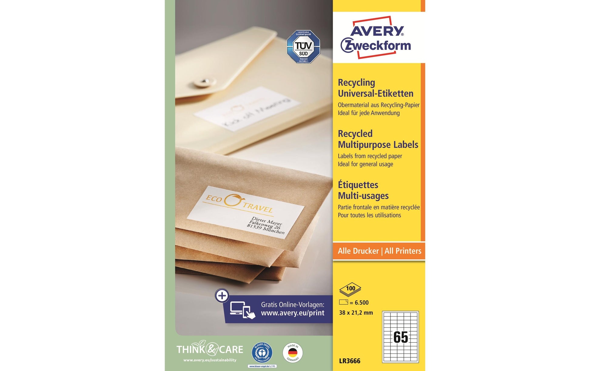 Avery Zweckform Haftetiketten – rechteckig 38 × 21,2 mm, stark haftend, weiss, A4, 100 Blatt (6'500 Stk.)