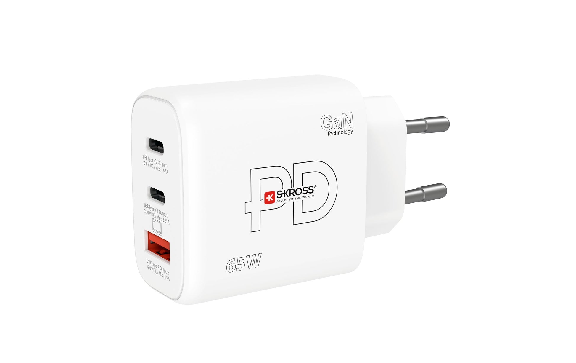 Skross Ladegerät (EU) – 65 W, 2× USB-C + 1× USB-A, PD, GaN