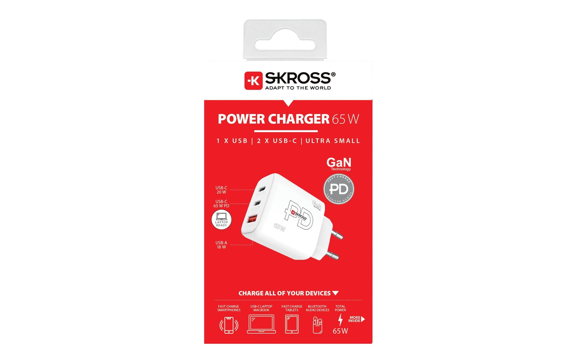 Skross Ladegerät (EU) – 65 W, 2× USB-C + 1× USB-A, PD, GaN