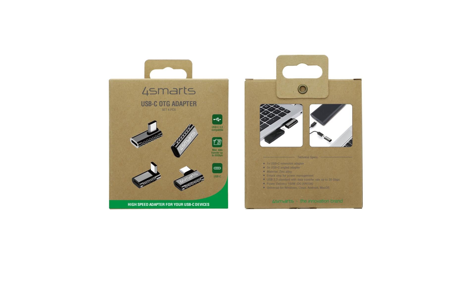 4smarts USB-Adapter USB-C auf USB-C – USB 3.2 Gen 2x2 (20 Gbit/s) – Abgewinkelt – Silber – 4er-Set