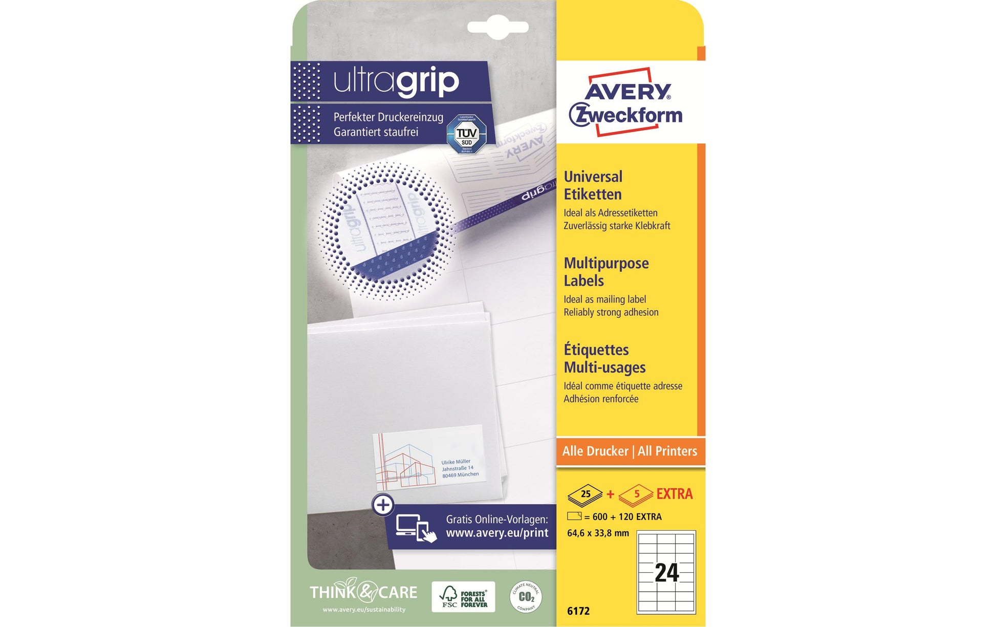 Avery Etiketten A4 65 × 34 mm – Papier, weiss – permanent haftend – 24 pro Blatt, 25 Blätter (600 Stk.)
