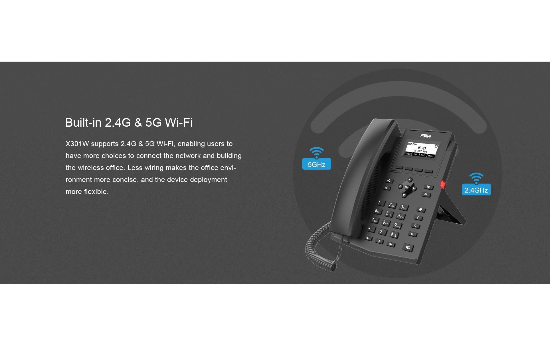 Fanvil X301W – WLAN-Telefon, 2 SIP-Konten, 2,3" Display, Schwarz