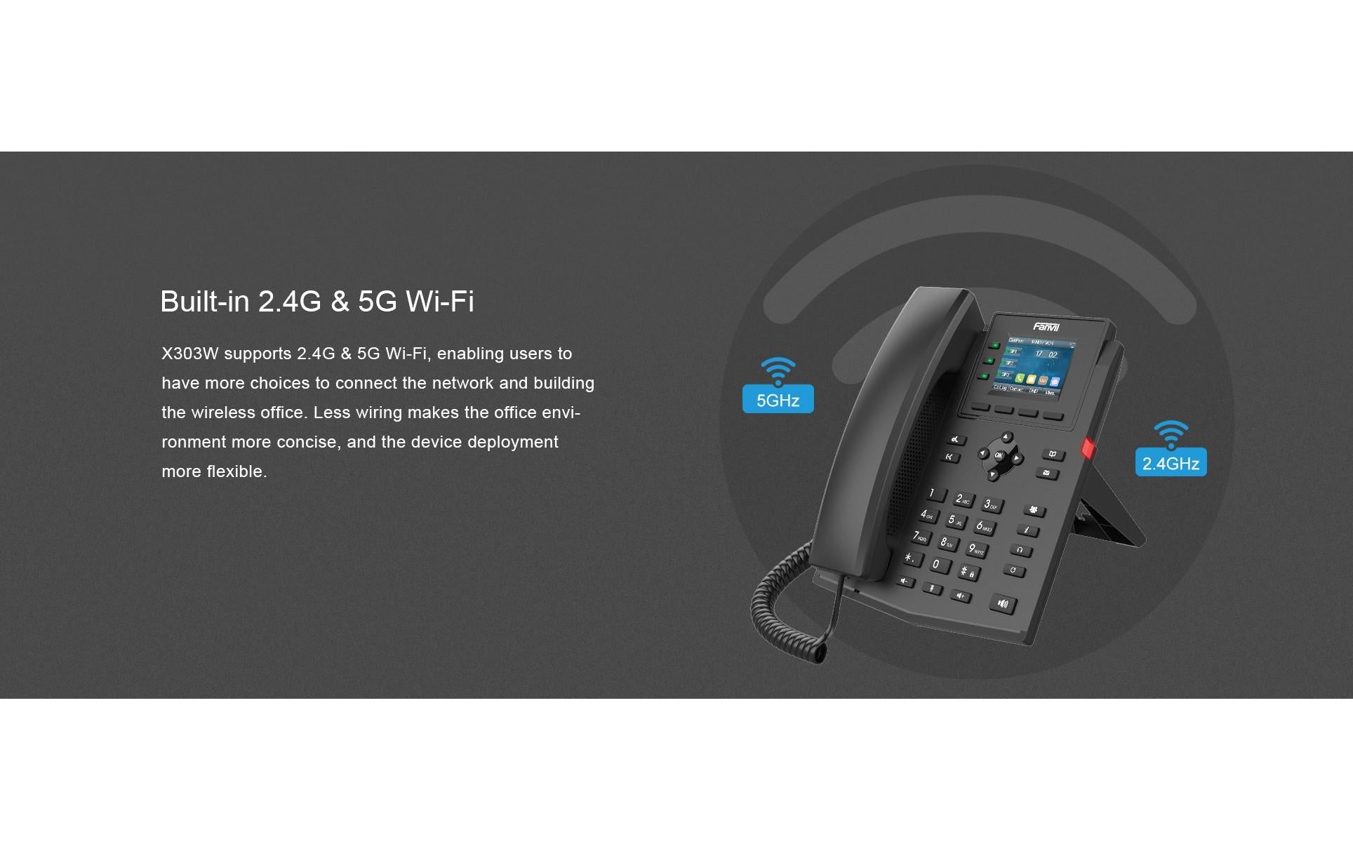 Fanvil X303W – IP-Telefon, 4 SIP-Konten, 2,4", WLAN, Fast Ethernet, PoE, für Yeastar, Schwarz