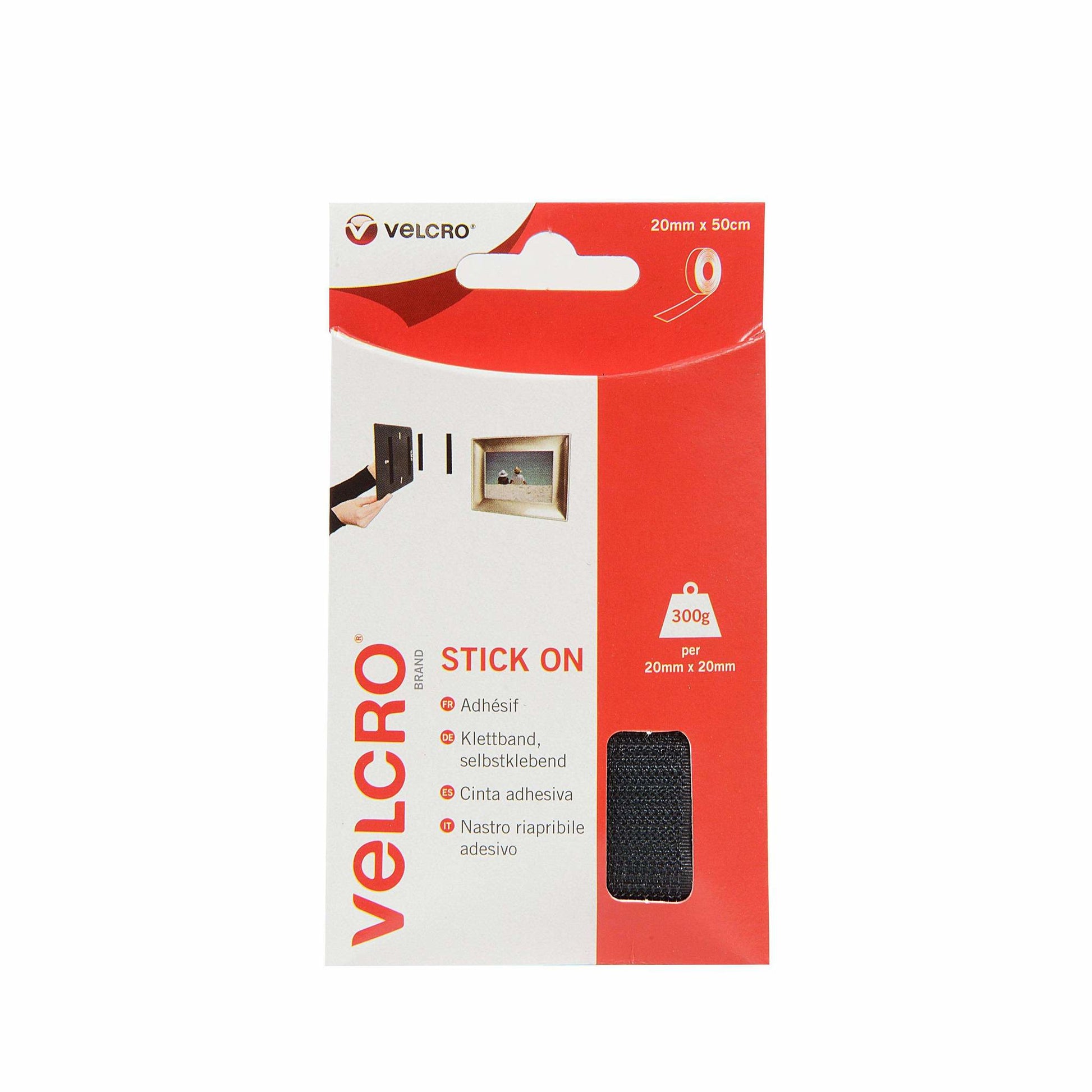 Velcro Klettband – 20 mm × 0,5 m, schwarz, selbstklebend, 1 Stk.