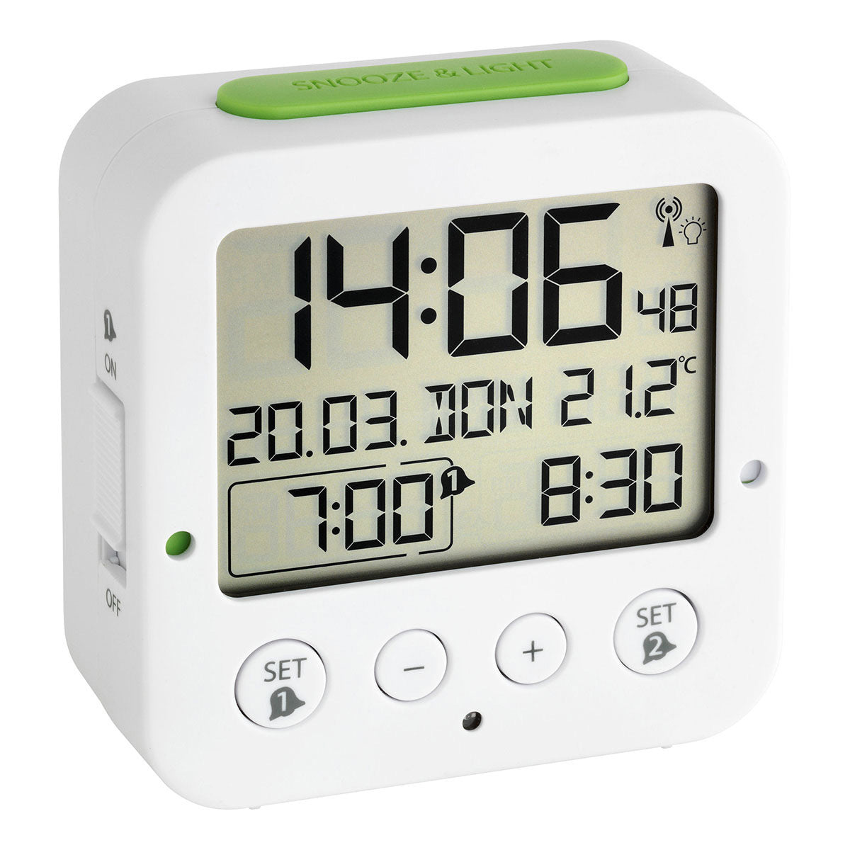 TFA-Dostmann TFA Dostmann BINGO Digitalwecker – Funk, Snooze, Thermometer, 8,1 × 8,1 × 3,3 cm, weiss