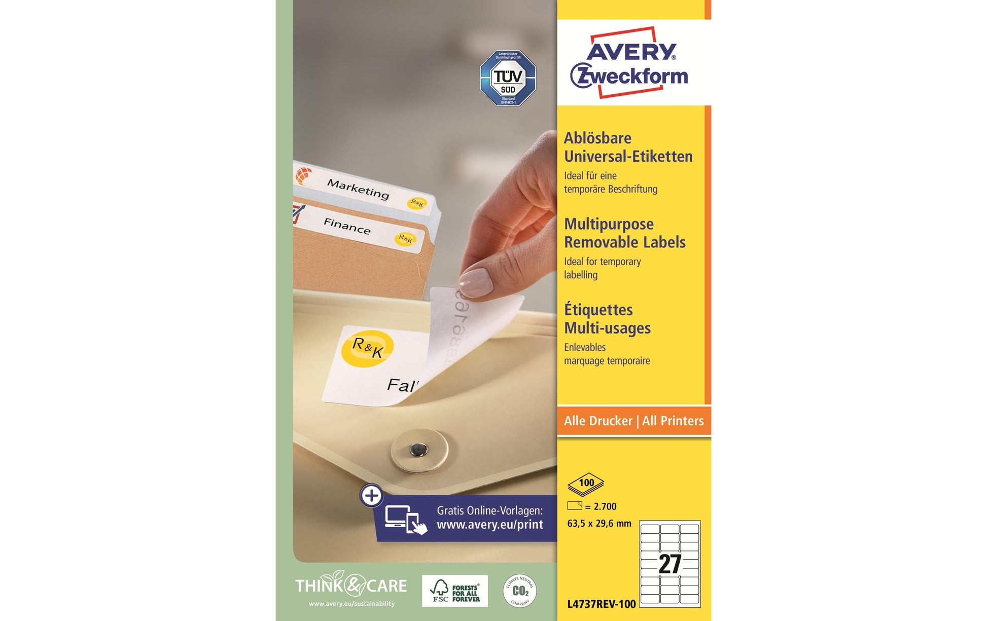 Avery Drucketiketten, 64 mm × 30 mm, weiss, Papier, wiederablösbar, 100 Blätter (2700 Etiketten)