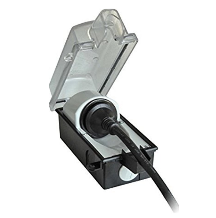 Bachmann Aussensteckdose 9015 – 85 × 185 mm, Polycarbonat, Schwarz/Transparent, IP44, abschliessbar, 1er-Pack