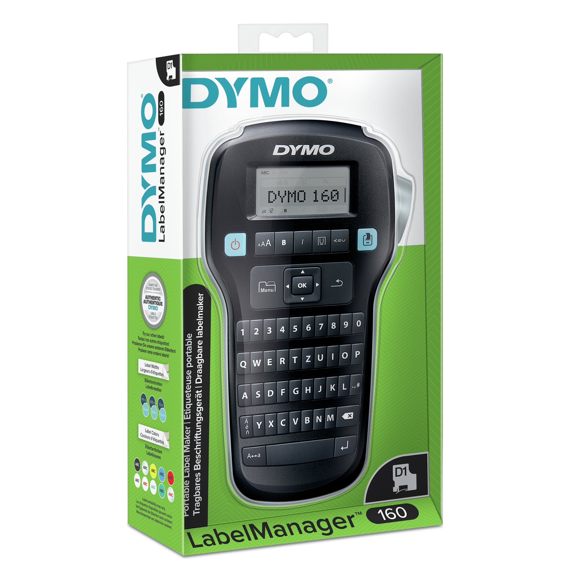 DYMO LabelManager 160 – Beschriftungsgerät, Thermotransfer, 180 dpi, bis 12 mm, für D1-Bänder, AZERTY