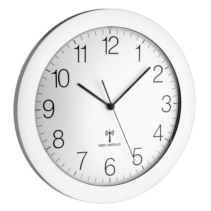 TFA-Dostmann TFA Dostmann Wanduhr – Funk, analog, lautlos, Ø 30,2 cm, Silber