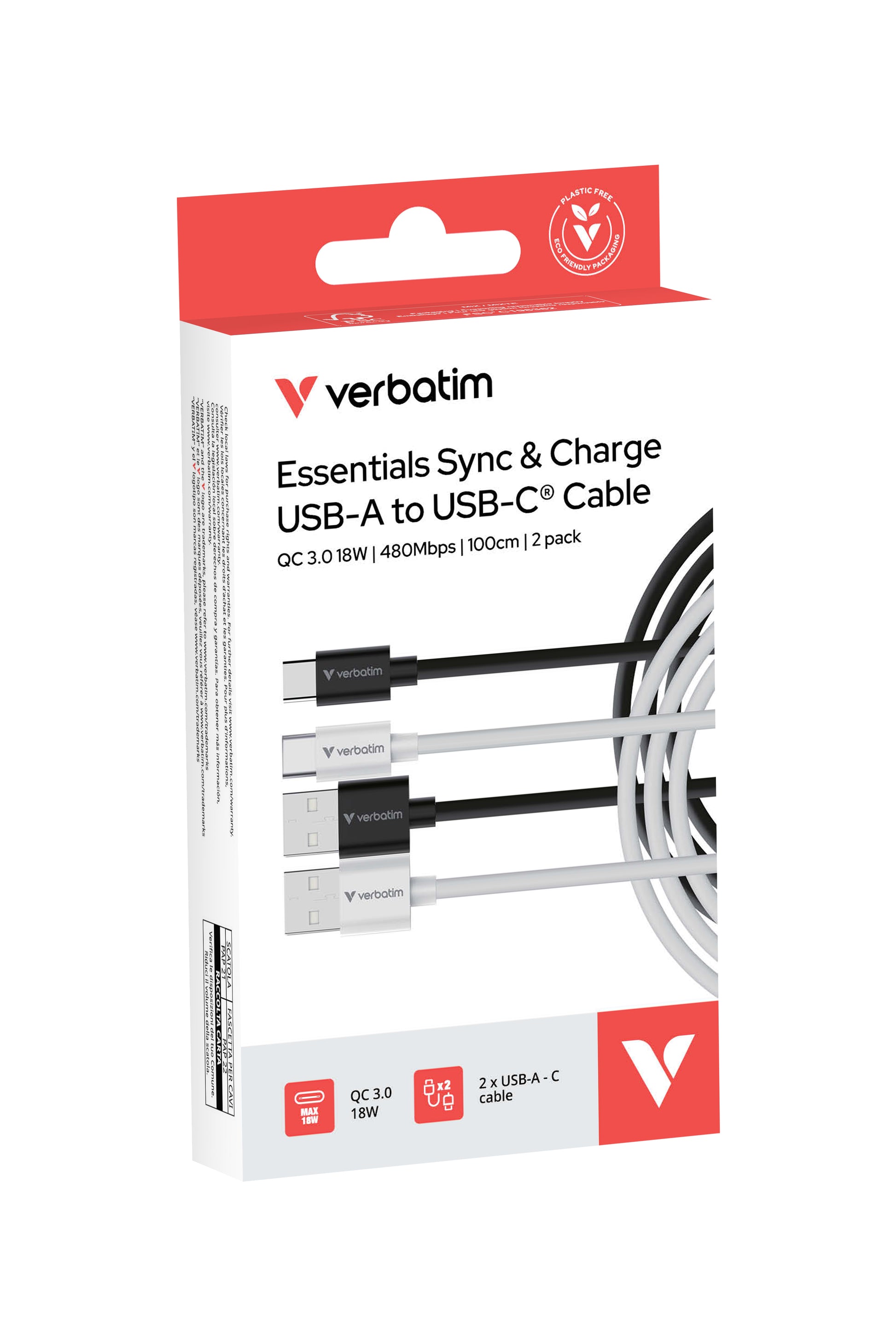 Verbatim USB-A auf USB-C Kabel – USB 2.0 (480 Mbit/s) – 1 m – PD 18 W – Flachkabel – 2er-Set