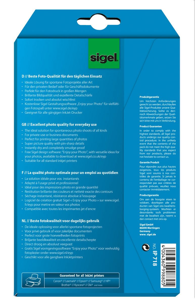 Sigel Fotopapier – glänzend, 10 × 15 cm, 200 g/m², 24 Blatt, für Inkjet