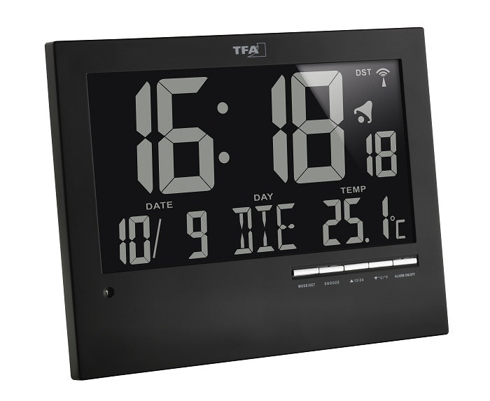 TFA-Dostmann TFA Dostmann Wanduhr – Digital, Funk, Thermometer, 23 × 18,5 × 3,1 cm, Schwarz, Kunststoff