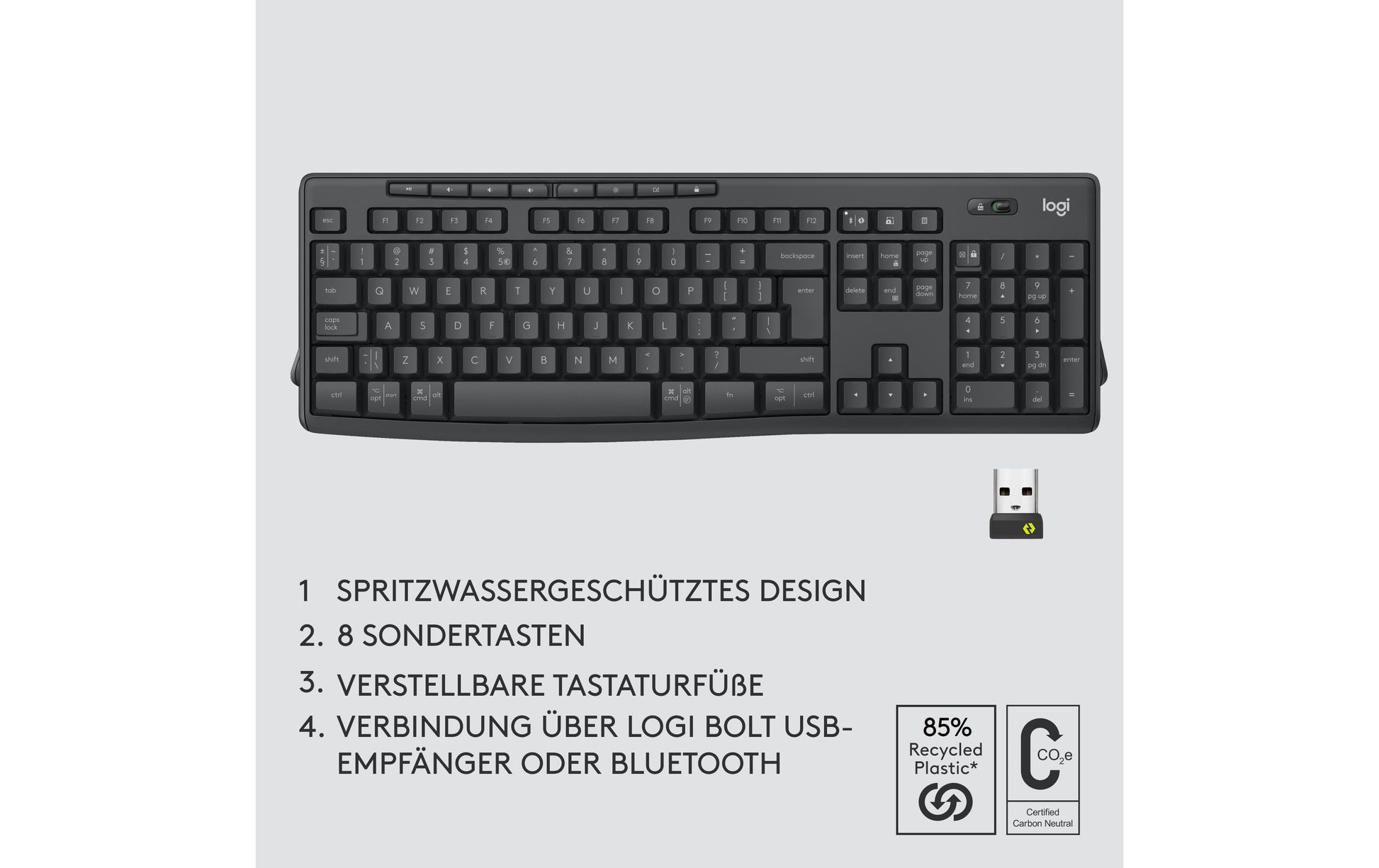 Logitech MK370 – Kabellose Tastatur (Bluetooth/2,4 GHz), CH-Layout (DE-CH) – für Windows & iOS