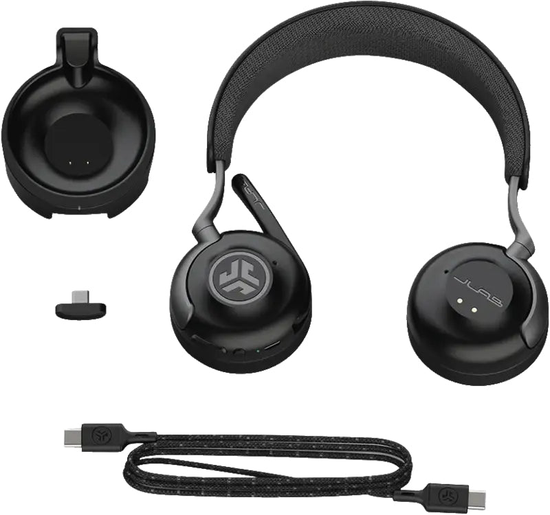 JLab Epic Work Office-Headset – On-Ear, Stereo, Kabel + BT, ANC, mit USB-C-Dongle, mit Ladestation, Schwarz
