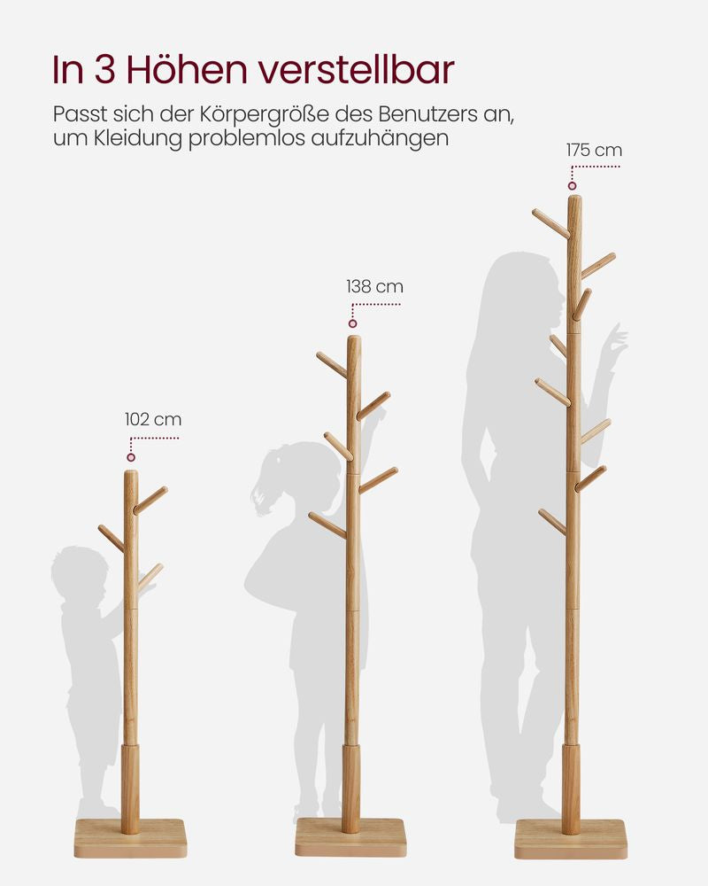 Vasagle Garderobenständer – 8 Haken, Gummibaumholz/MDF, Beige, 30 × 30 × 175 cm