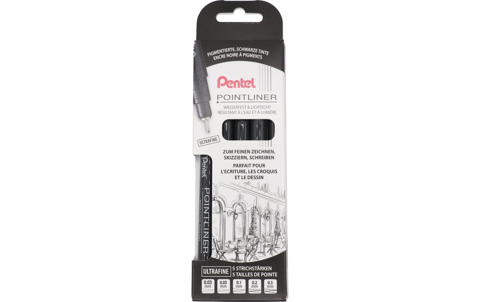 Pentel Pointliner YS20P-5UF Fineliner Set – 5 Stk., multi, schwarz, wasserfest