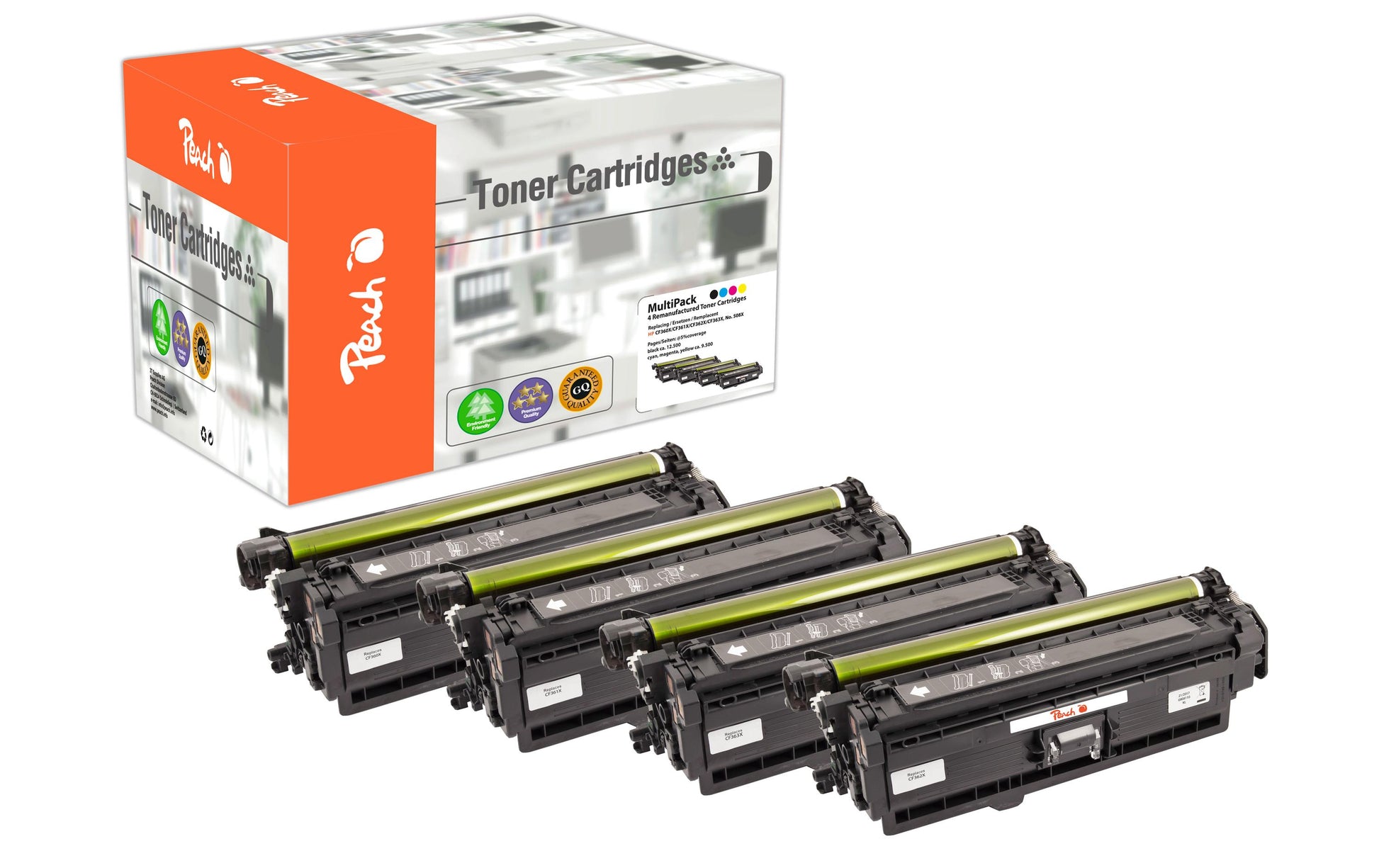 Peach Toner-Multipack 508X XL – BK/C/M/Y, schwarz 12500, C/M/Y 9500 Seiten – für HP M577/M552dn/M553 und andere