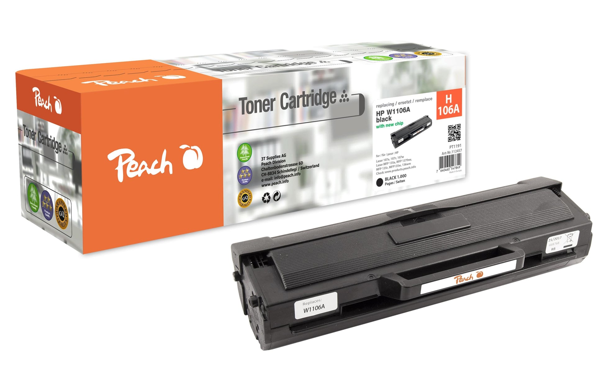 Peach Toner W1106A – schwarz, 1000 Seiten – für HP Laser 107/Laser MFP 130/135 und andere