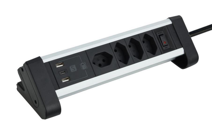 M. Schönenberger Schönenberger Alu-Office-Line Steckdosenleiste – 4× T13, USB‑A/C, 2 m, mit Schalter, Schwarz/Silber