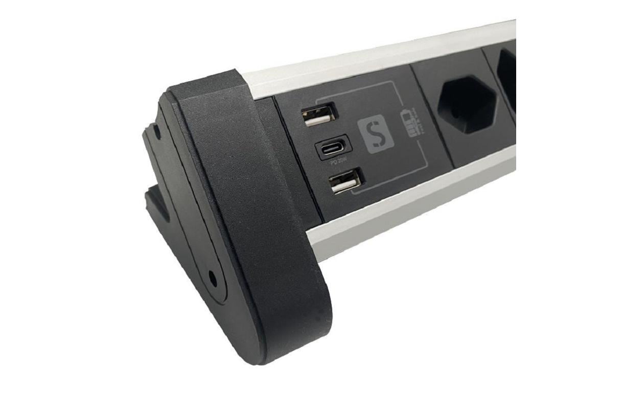 M. Schönenberger Schönenberger Alu-Office-Line Steckdosenleiste – 4× T13, USB‑A/C, 2 m, mit Schalter, Schwarz/Silber