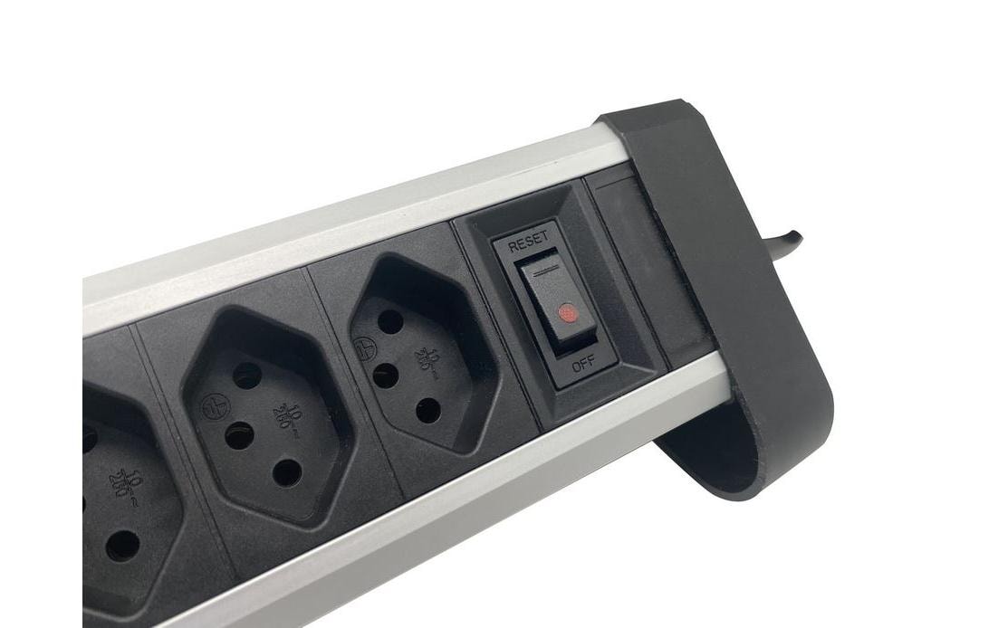 M. Schönenberger Schönenberger Alu-Office-Line Steckdosenleiste – 4× T13, USB‑A/C, 2 m, mit Schalter, Schwarz/Silber