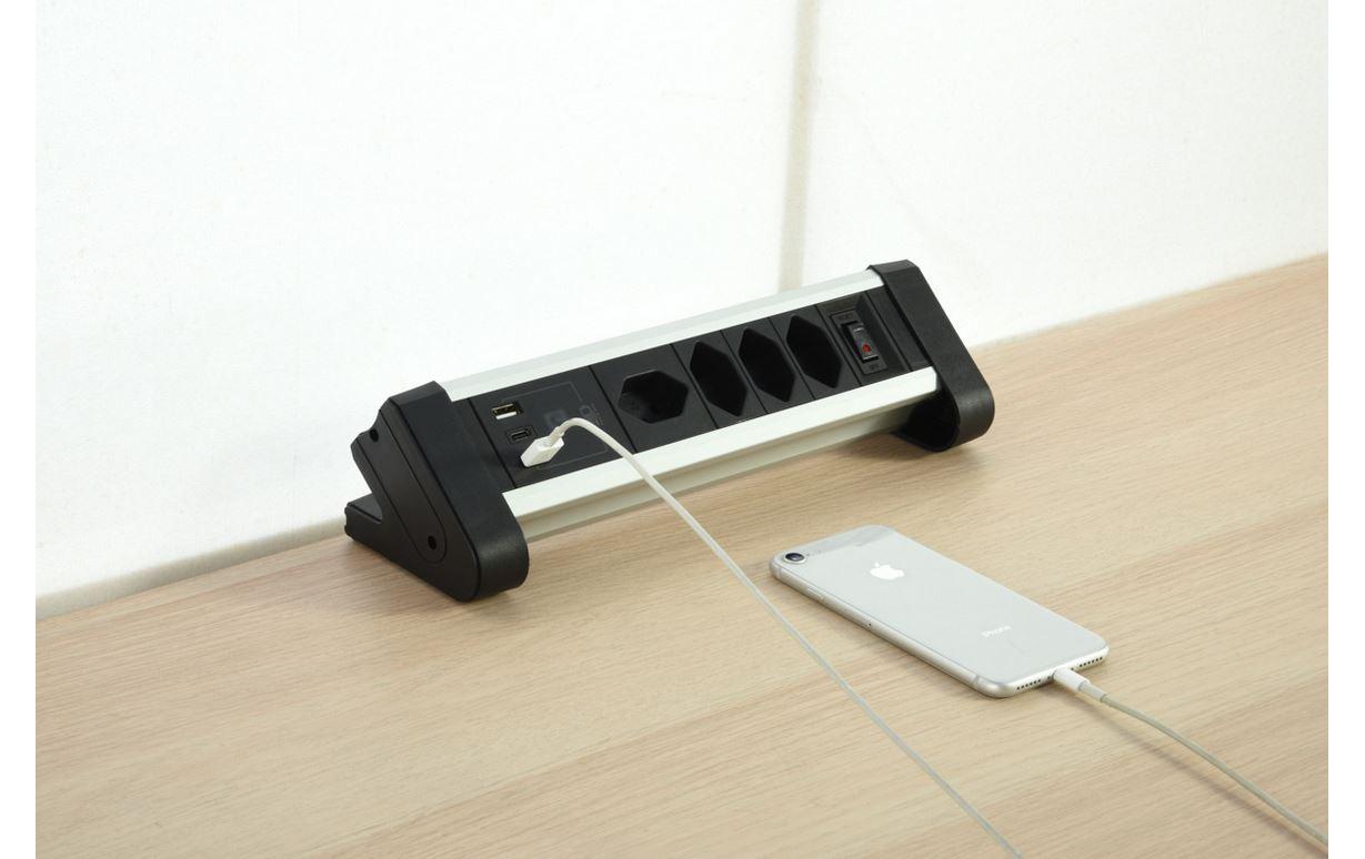 M. Schönenberger Schönenberger Alu-Office-Line Steckdosenleiste – 4× T13, USB‑A/C, 2 m, mit Schalter, Schwarz/Silber