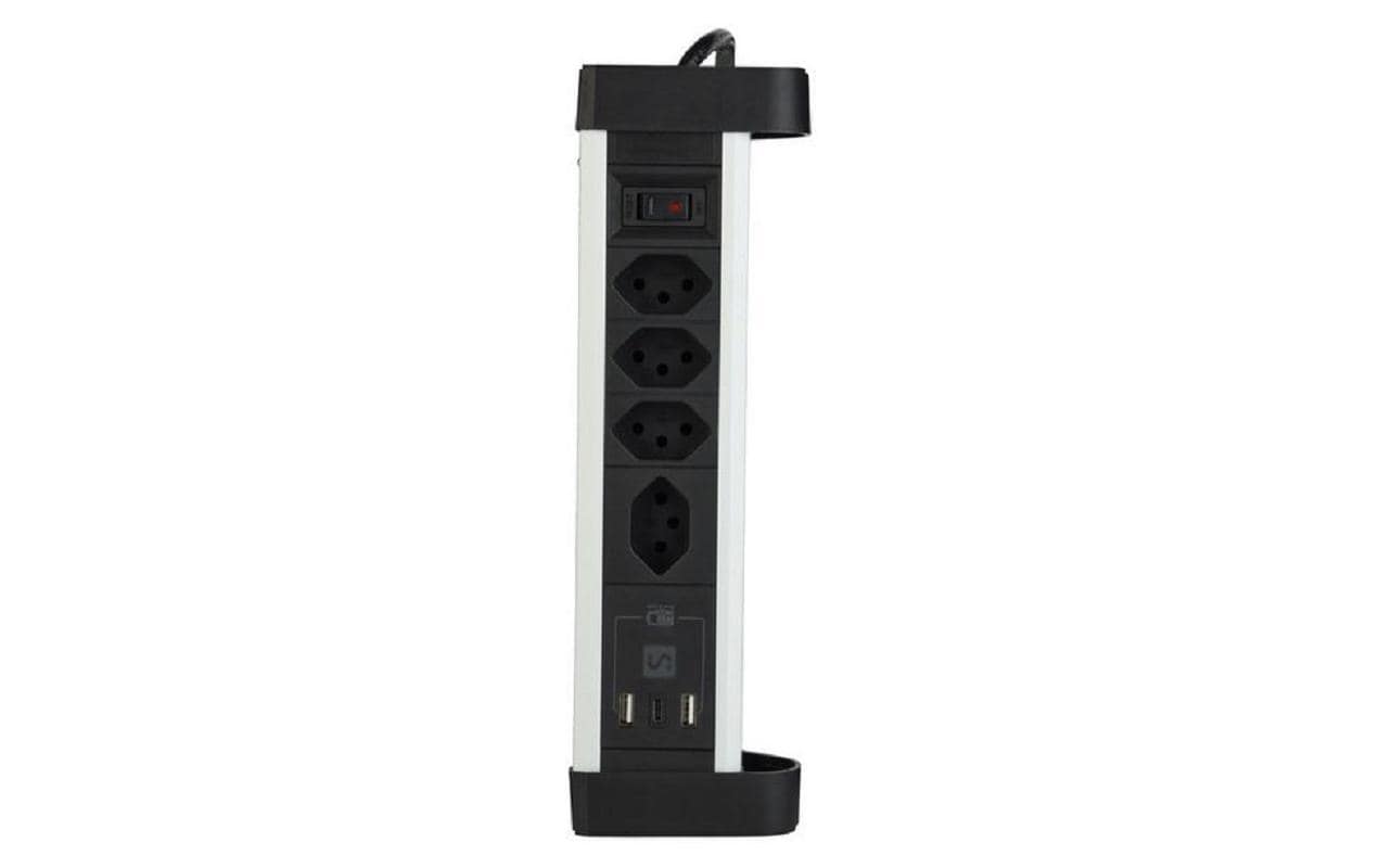 M. Schönenberger Schönenberger Alu-Office-Line Steckdosenleiste – 4× T13, USB‑A/C, 2 m, mit Schalter, Schwarz/Silber