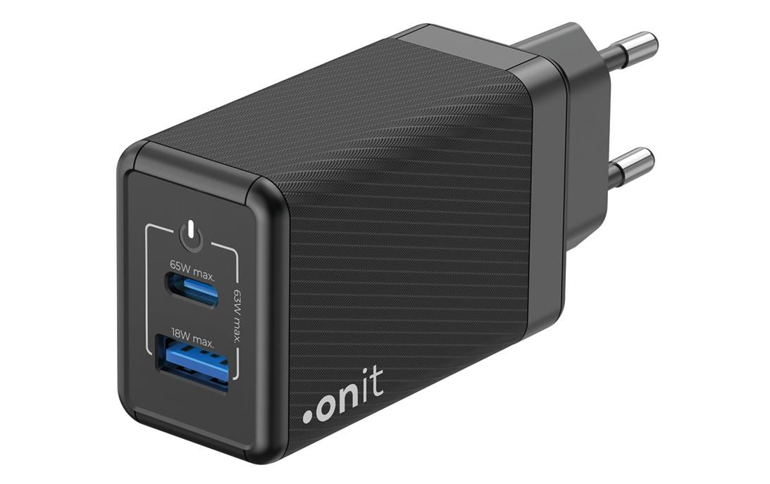 ONIT F01432 USB-Wandladegerät 65 W – USB-C×1, USB-A×1 – PD 3.1, PPS, GaN – EU-Stecker (Typ C) – Schwarz