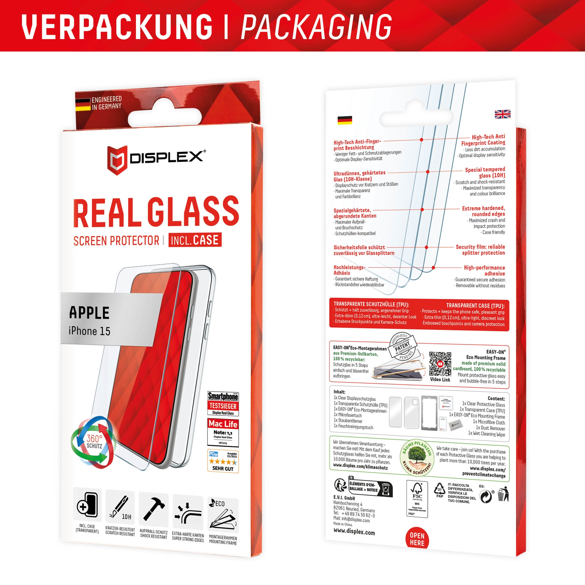 EVI Displex Real Glass Schutzhülle – iPhone 15, Transparent
